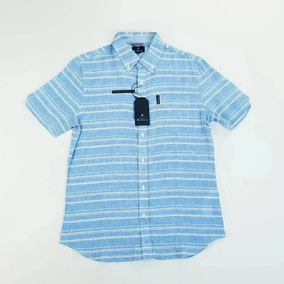 Ben Sherman Classic Mod Fit Small Men's Pocket Logo Sky Blue White Stripe Linen - Picture 1 of 11